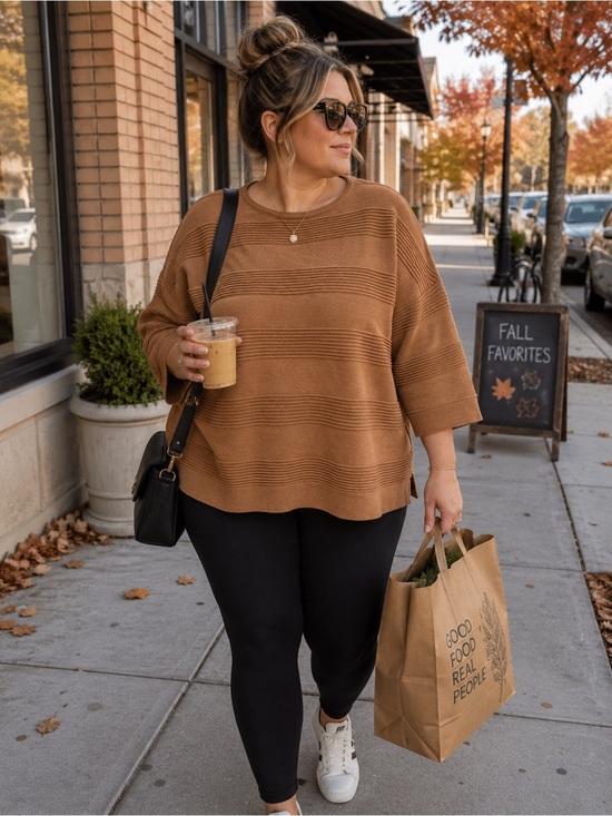 Tahari Sweaters - NWT Tahari Woman 1X Camel Textured Knit Sweater 3/4 Sleeve Ribbed Pullover